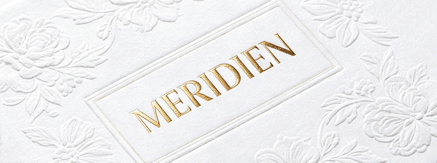 A white book with gold lettering that says "meridien".

Description generated by AI